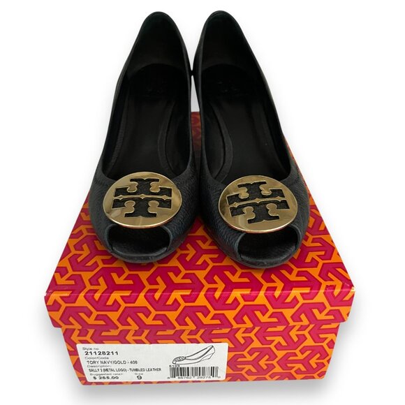 Tory Burch Sally 2 Peep Toe Wedge, Navy / Gold Logo - Picture 1 of 4